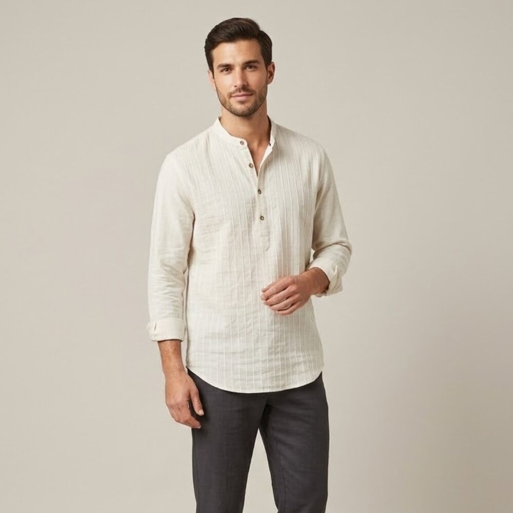 Max men’s beige long sleeve 1/4 button down linen blend pleated shirt sz XL